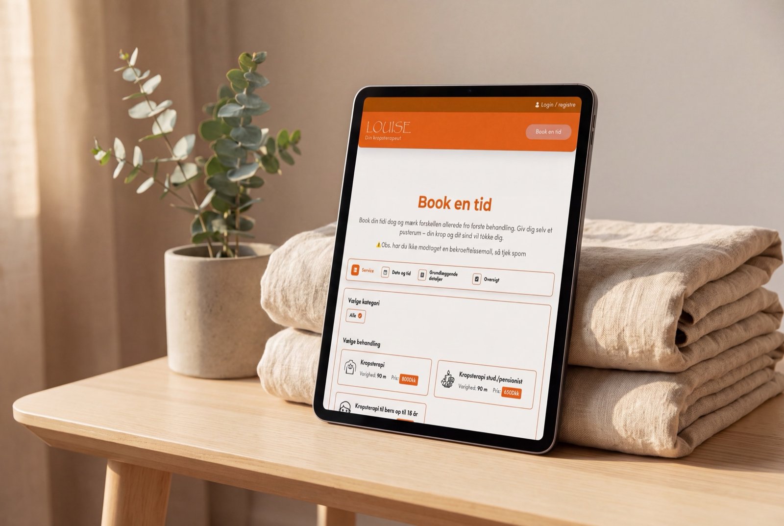 Louise Din Kropsterapeut – online bookingsystem vist på iPad