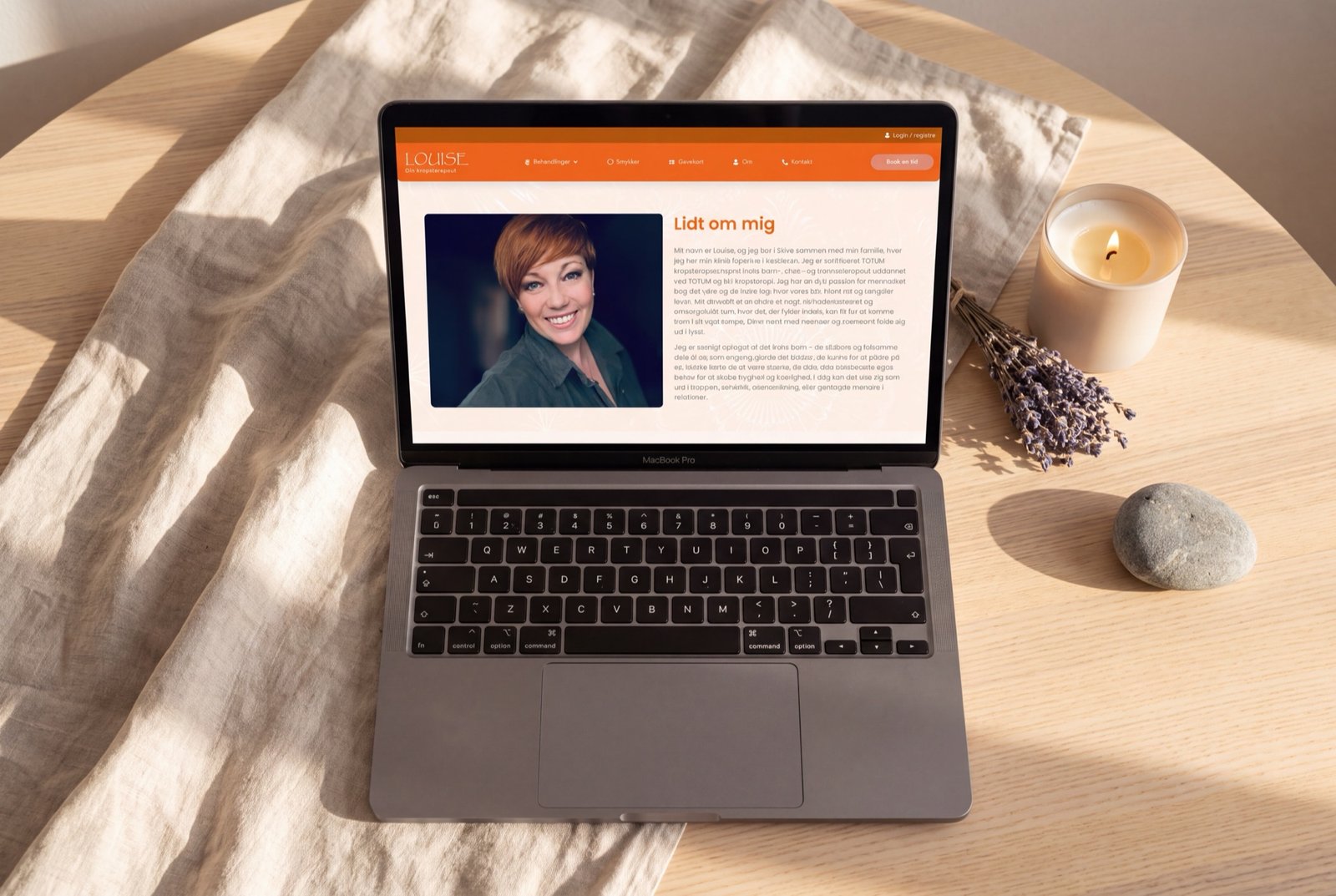 Louise Din Kropsterapeut – om mig-siden vist på MacBook